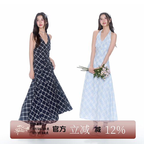 FPMZ度假风挂脖系带复古贴条格纹连衣裙修身显瘦气质长裙韩系简约