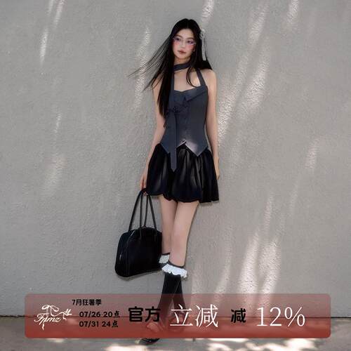 FPMZ蝴蝶结撞色领带挂脖西装马甲修身韩系夏露背上衣背心翻领抹胸