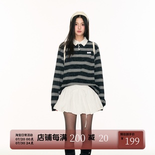 学院风黑白条纹polo翻领卫衣复古韩系宽松显瘦上衣长袖 FPMZ T恤