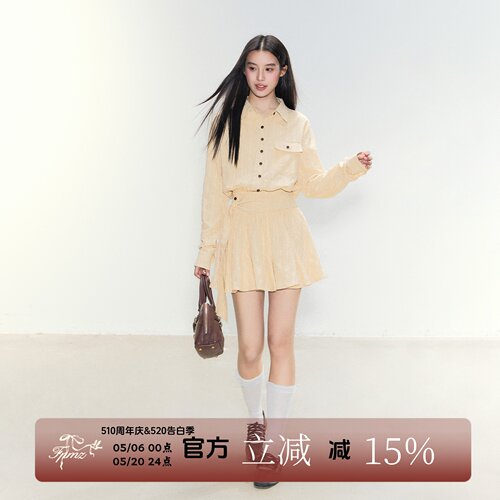 FPMZ老钱风黄色收腰百褶连衣裙