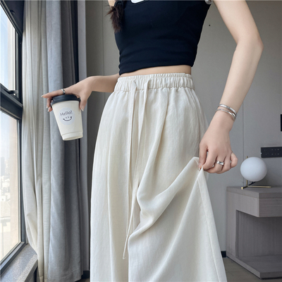 实拍天丝亚麻裤子女春秋夏新款宽松垂感bf慵懒休闲弯刀冰丝阔腿裤