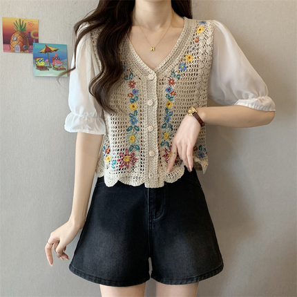 Ethnic knitted summer short cardigan, T-shirt, boho style, ethnic style, puff sleeves