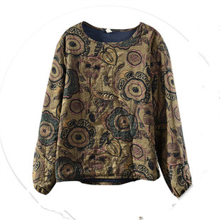 文艺复古碎花棉麻小棉衣女短款秋冬宽松圆领套头棉袄印花薄棉服特