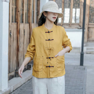 春装小立领盘扣纯色亚麻长袖衬衫女文艺复古绣线系带麻料开衫特价