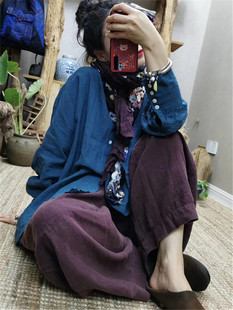 亚麻文艺衬衣圆领多扣开叉长袖开衫女春秋季复古绣线大码麻料衬衫