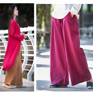 春夏棉麻文艺复古裙裤中国风水洗绉布阔腿裤自然腰甩裤百搭瑜伽裤