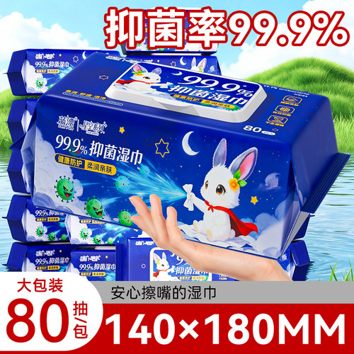 蓝漂抑菌湿巾80抽RO纯水家用大包装清洁手口可用擦脸湿纸巾整箱囤