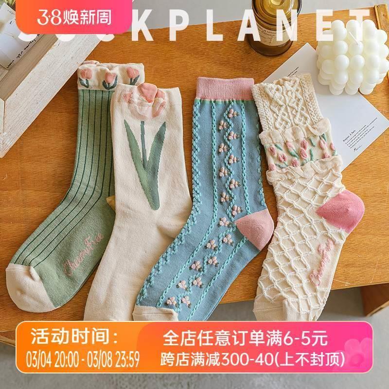 袜子女春夏季日系网红ins潮复古文艺浮雕学院风配小皮鞋中筒袜女