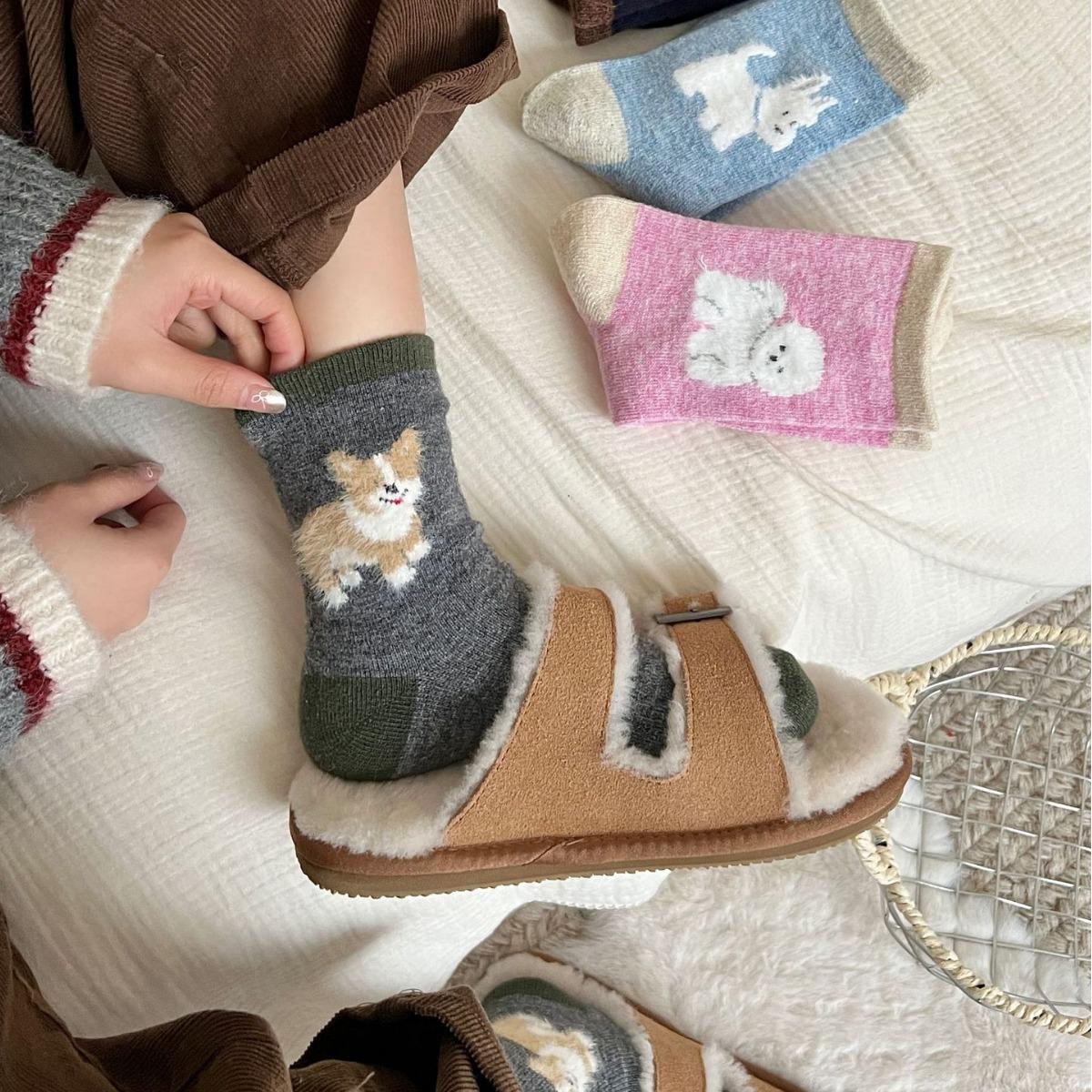 小狗中筒袜春秋款卡通灰色