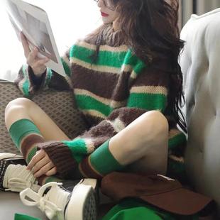 VC网红ins墨绿咖啡条纹拼接复古小腿及膝韩国运动高筒堆堆袜女袜