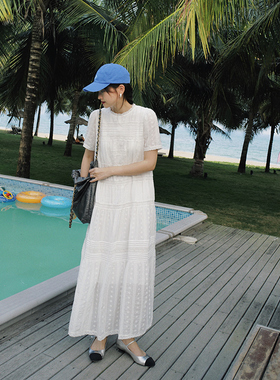 NW80EN丝绵短袖刺绣花边连衣裙短袖圆领优雅气质精致高级感长裙女