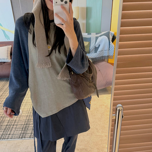 NW80EN秋冬撞色圆领长袖套头美式慵懒chic卫衣宽松设计感女款上衣