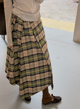 nw80en 中长款个性解构格子绑带半裙修身显瘦女