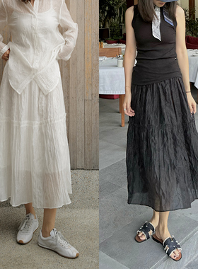 NW80EN 黑色乱褶系列 宽松型苎麻混纺松紧腰半裙百搭长款A字裙女