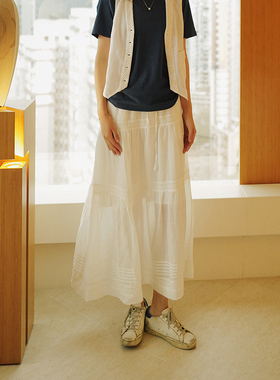 NW80EN 夏日重工苎麻系列 松紧腰拼蕾丝黑色白色半裙 气质仙女裙