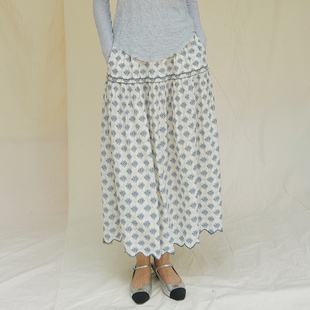 定制花色工艺百支棉 松紧腰印花狗牙边长半裙