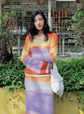 NW80EN 甜美风长袖圆领保暖超柔初剪baby马海毛 定制彩色条纹毛衣