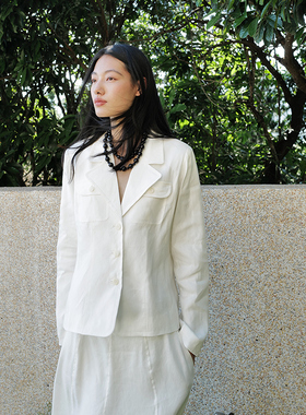 NW80EN 夏日白色外套 宽松优雅日常弹力麻复古修身短黑色白色西服