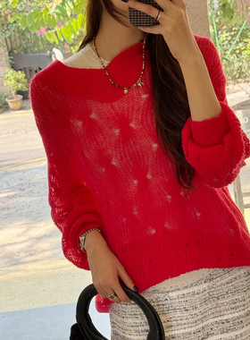 NW8 0EN通勤风V领马海毛镂空长袖休闲宽松显瘦套头优雅针织衫女装