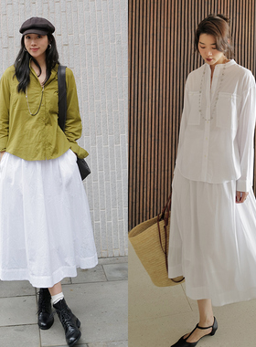 NW8 OEN 《MIDSUMMER》时尚风百搭休闲立领宽松棉中长款衬衣女装
