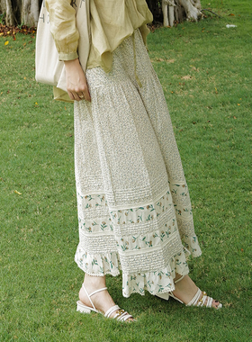 NW80EN 淡雅小碎花拼接宽松型纯棉A字裙宽松春夏气质长款半裙女装