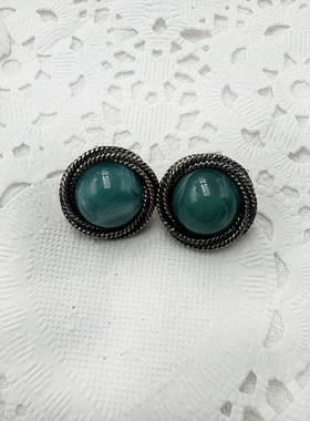 中式复古耳饰绿色圆形港风银针仿玛瑙做旧耳钉气质百搭【B075】