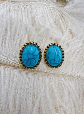 vitage复古耳饰蓝色椭圆形彩色宝石耳夹无耳洞耳环耳钉【C037】