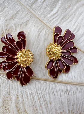 珐琅滴釉夸张花朵耳钉欧美法式复古红色设计高级感耳饰【C194】