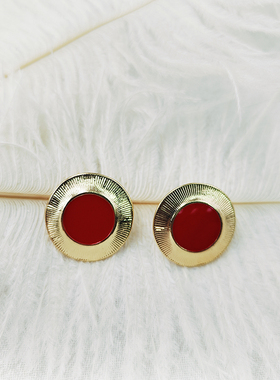 红色简约银针耳钉复古滴釉耳夹法式耳钉中古耳夹个性潮流【B776】