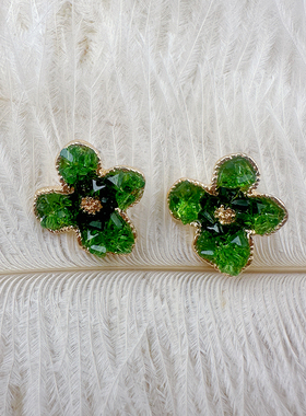 时尚新款洋气耳环绿色渐变碎石花朵耳钉高级感无耳洞耳夹【B490】