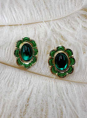 中古港风耳饰古董Vintage复古时髦夸张绿色宝石耳钉【C079】