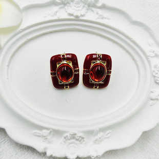 复古红色宝石方形耳环中古法式气质金属耳钉无耳洞耳夹【B880】