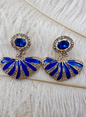 深蓝色海洋鱼尾滴油耳环法式复古小众轻奢精致时尚耳夹【C282】