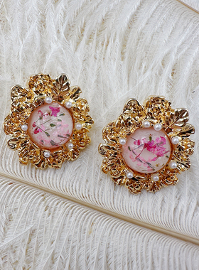 中古粉色宝石耳饰花朵耳钉法式优雅气质高级宫廷风耳夹【C294】