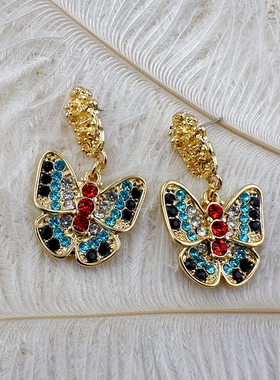 复古宫廷风耳环彩钻蝴蝶耳坠时尚气质小众耳钉耳饰【C359】