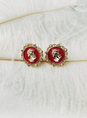 中式复古耳饰人像耳钉新款潮红色滴油网红耳环无耳洞耳夹【B711】