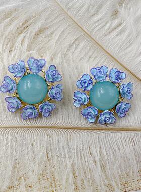 法式蓝色氛围感耳环端庄典雅气质花朵耳钉轻奢小众高级【C202】