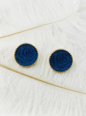 镶嵌玫瑰花耳钉复古蓝色果冻树脂几何圆形山茶花高级耳钉【B953】