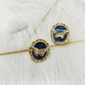 B481 油画蝴蝶法式 复古vintage西洋风灰色滴釉圆形耳钉耳夹