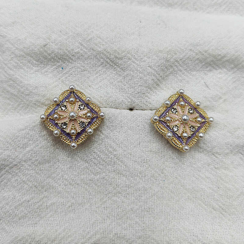 中式花砖形银针耳钉方形合金彩色滴油镶嵌珍珠耳饰品女【997】