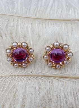 复古紫色圆形耳饰珍珠款花朵耳钉轻奢高级感气质时尚耳夹【C304】