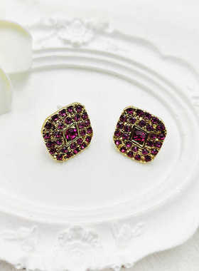 紫色水钻耳饰方形耳钉银针新款时尚设计感轻奢耳环日韩【C012】