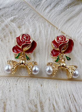 中古耳饰红色玫瑰花耳钉花朵耳环时尚大气精致无耳洞耳夹【C400】
