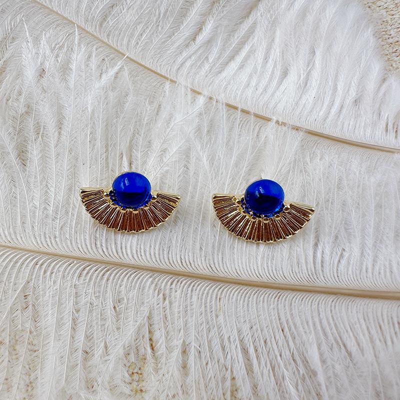 蓝色宝石扇形独特耳钉古风耳饰精致小巧耳饰高级感耳环【C178】