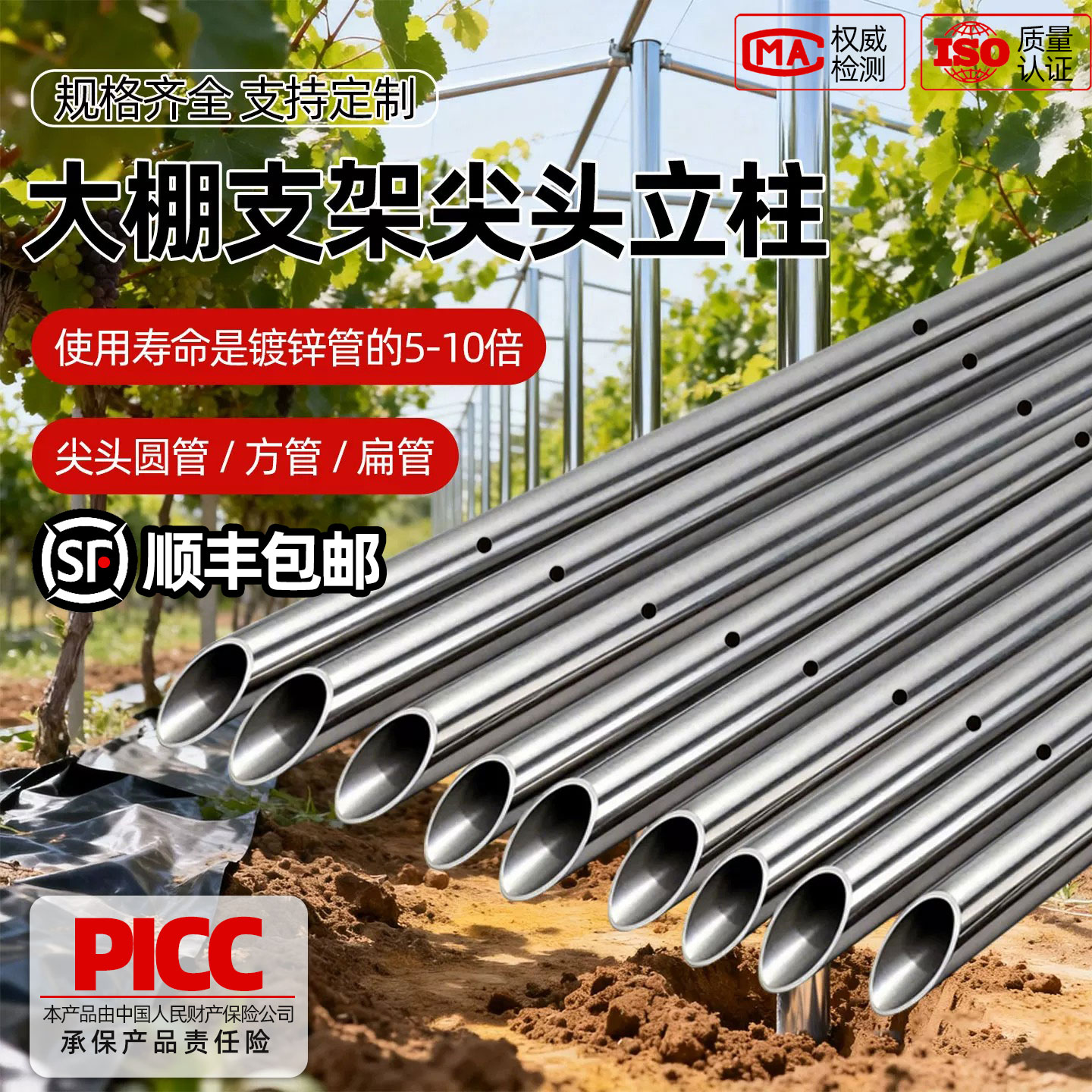 大棚支架钢管骨架蔬菜花卉种植鸡舍鸭围栏尖头不锈钢立柱