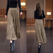 百褶裙女2025新款 秋高腰a字裙显瘦褶皱半身裙长版 气质大摆伞裙子