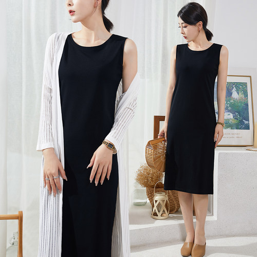 黑色宽松吊带连衣裙高级质感大码夏女打底背心裙秋冬中长款两件套