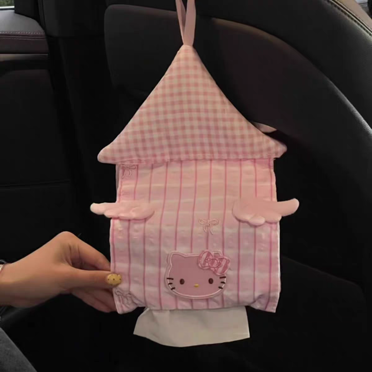粉色kitty小猫卡通粉色车用纸巾盒挂式蝴蝶结大容量可爱抽纸盒