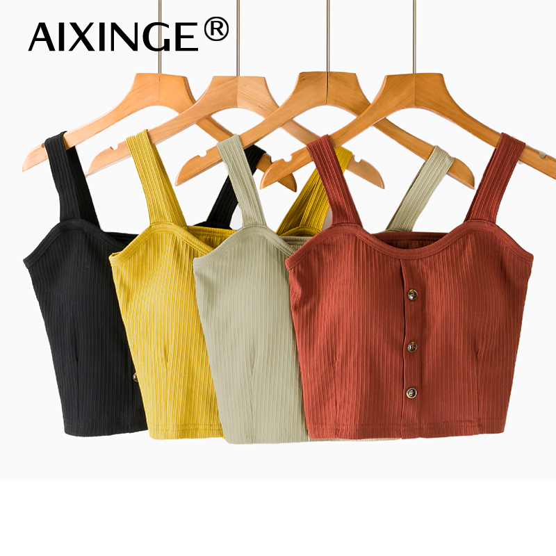 自带胸垫一体式短款纽扣宽肩吊带女夏季外穿高腰露脐瑜伽小背心棉