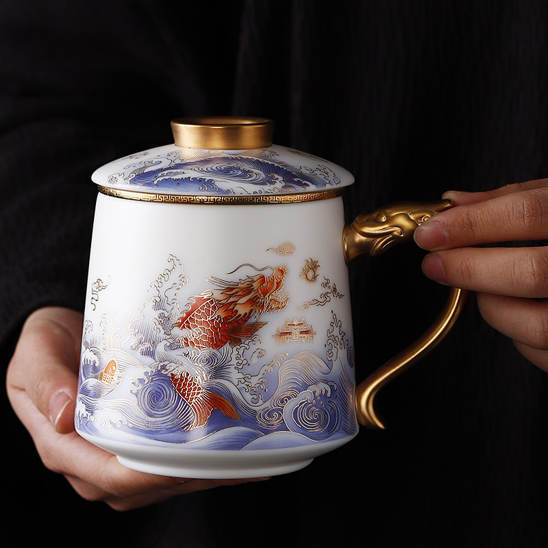 鎏金杯羊脂玉办公杯龙杯中式茶杯冰种玉瓷杯中式高端茶杯陶瓷杯
